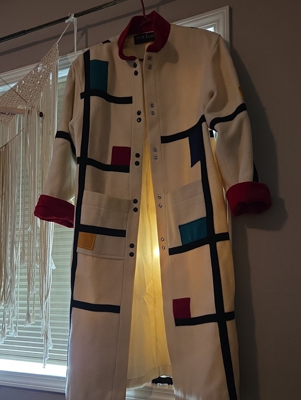 Cream Colorblock Long Trench Coat with Red Trim